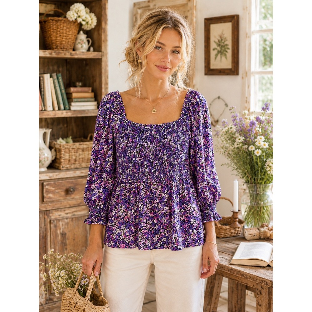 Crown & Ivy NEW Plum Floral Smocked Peplum Top‎ Cottagecore Boho Romantic Size M